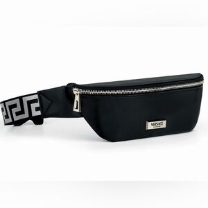 New Versace Black Leather Belt Bag with Signature Strap